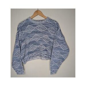 Vintage 90s FLYER Geometric Knit Sweater Made USA Cropped Blue‎ Womens L Chunky